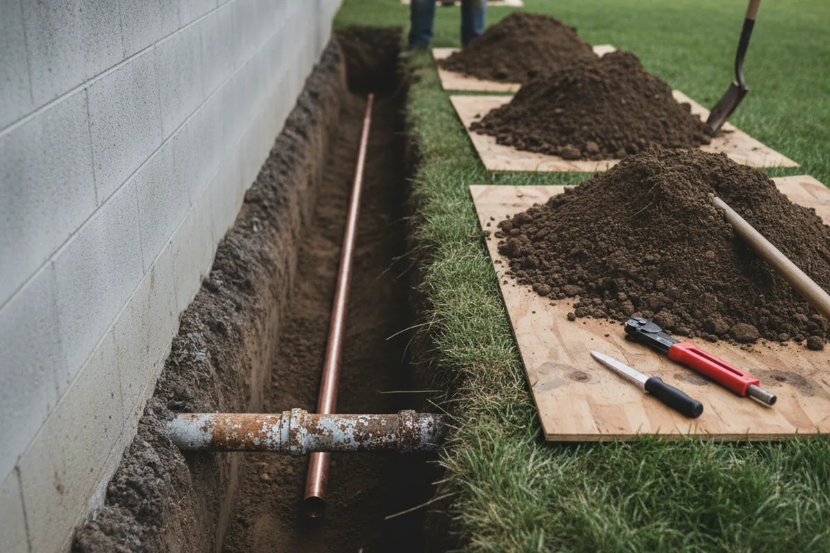 Excavated water line trench during Sewer Line Repair in Fortuna